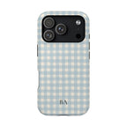 Personalized blue gingham MagSafe phone case with initials, back view