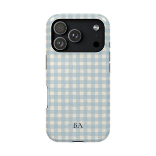 Personalized blue gingham MagSafe phone case with initials, back view