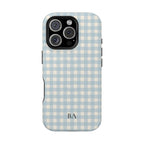 Personalized blue gingham MagSafe phone case, side view