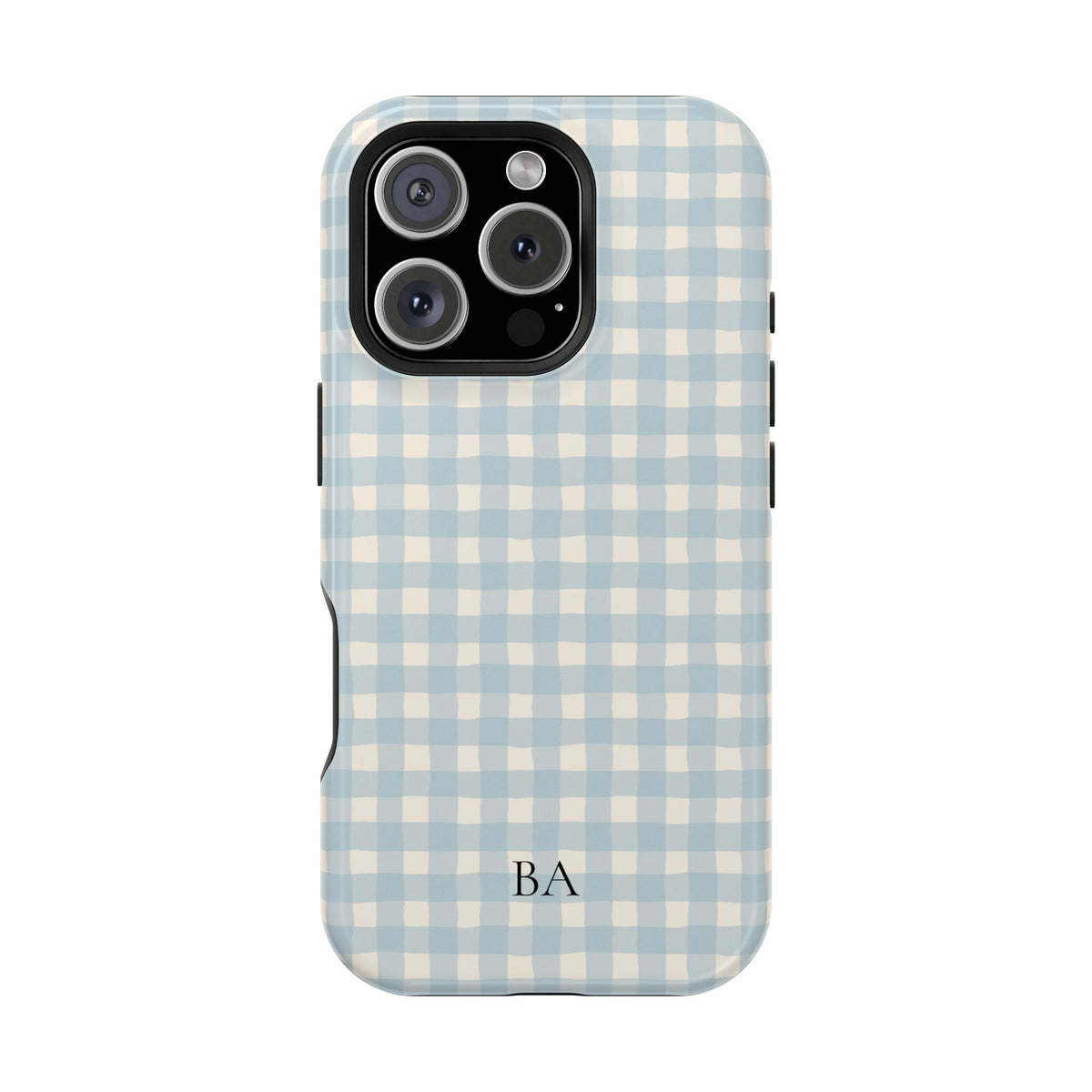 Personalized blue gingham MagSafe phone case, side view
