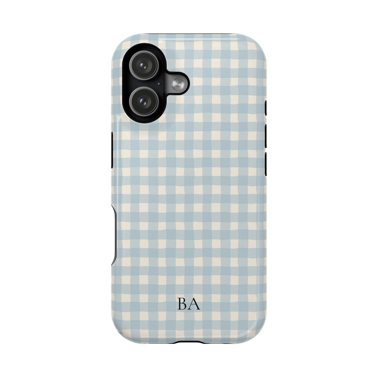 Light blue gingham MagSafe phone case with monogram initials