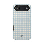 Personalized blue gingham MagSafe phone case detail