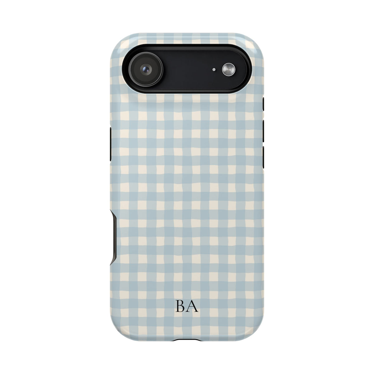 Personalized blue gingham MagSafe phone case detail