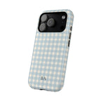 Blue gingham MagSafe iPhone case with initials