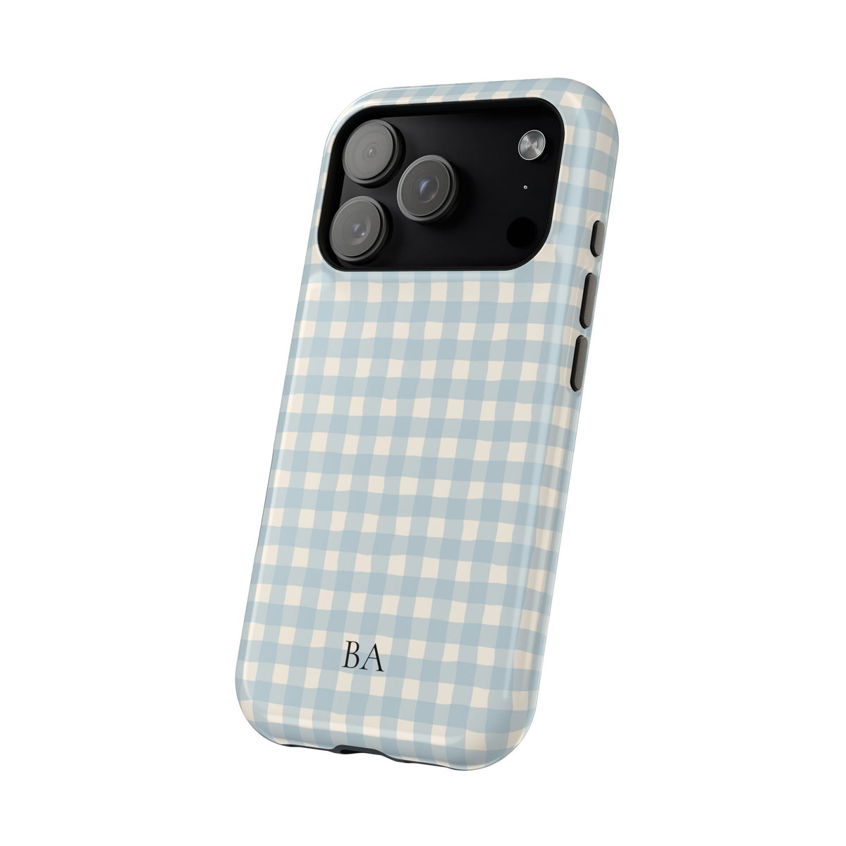 Blue gingham MagSafe iPhone case with initials