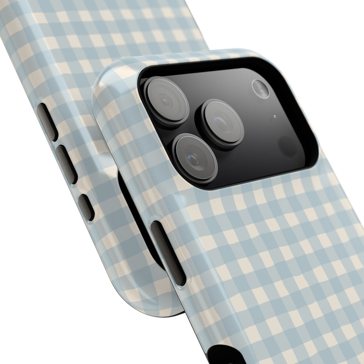 Personalized blue gingham MagSafe phone case, angled view