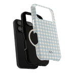 Personalized blue gingham MagSafe phone case with initials, close-up
