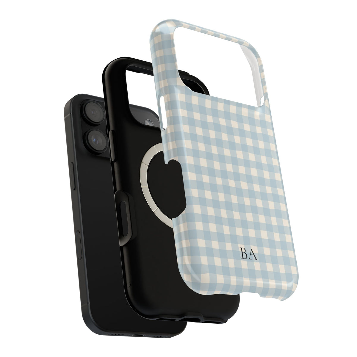 Personalized blue gingham MagSafe phone case with initials, close-up