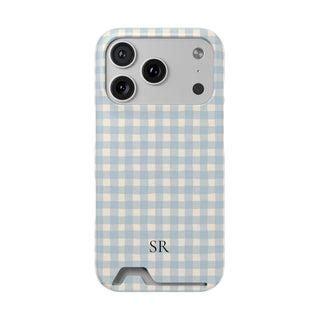 Personalized blue gingham phone case with card holder and initials, front view