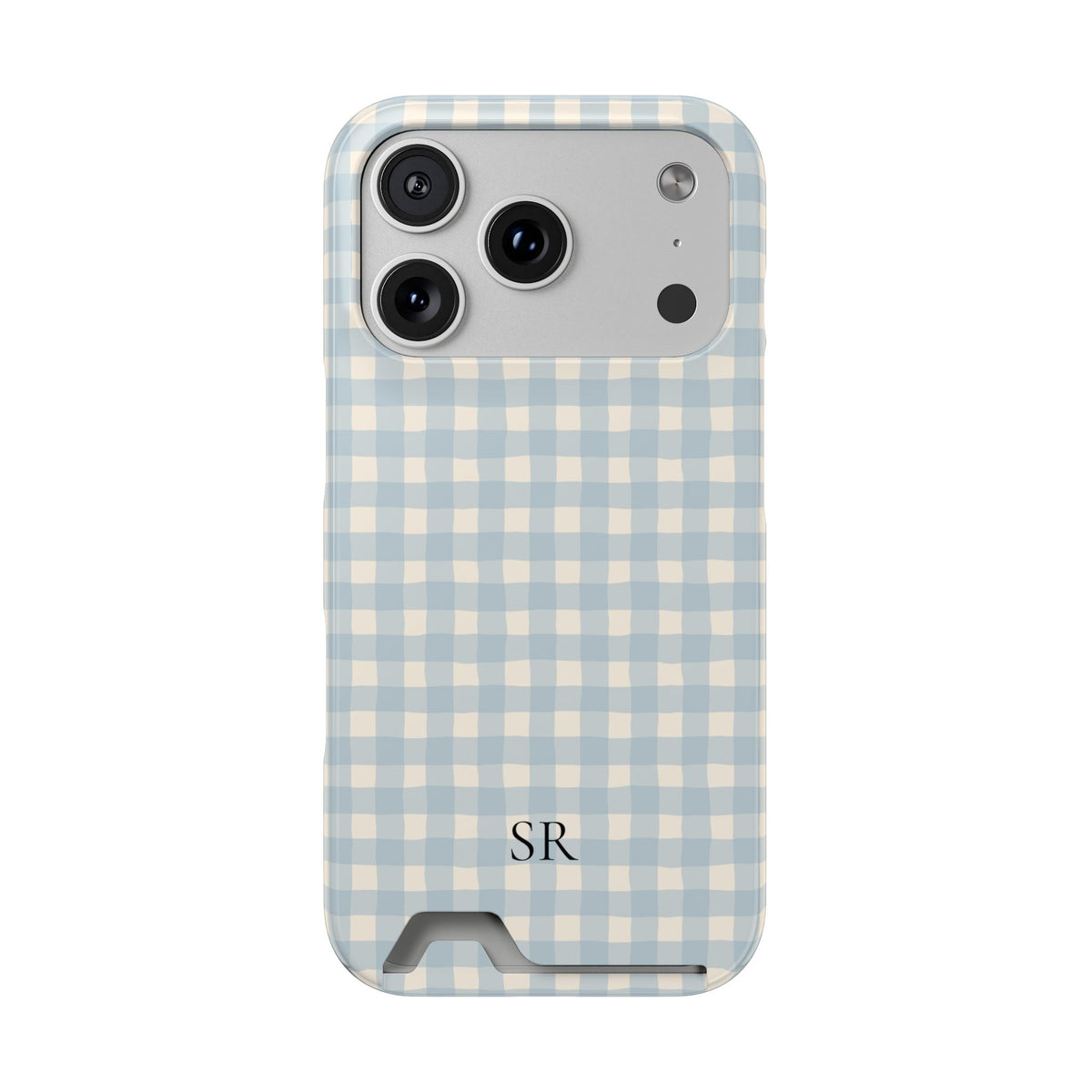 Personalized blue gingham phone case with card holder and initials, front view