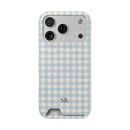Personalized blue gingham phone case with card holder and initials, front view