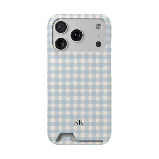 Personalized blue gingham phone case with card holder and initials, front view