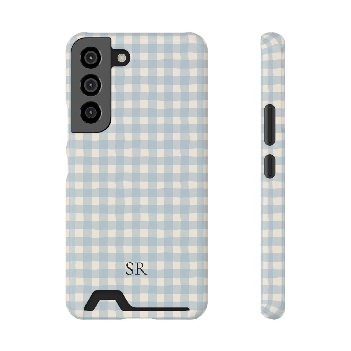 Personalized blue gingham phone case with card holder, back view