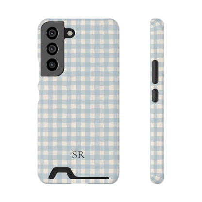 Personalized blue gingham phone case with card holder, back view
