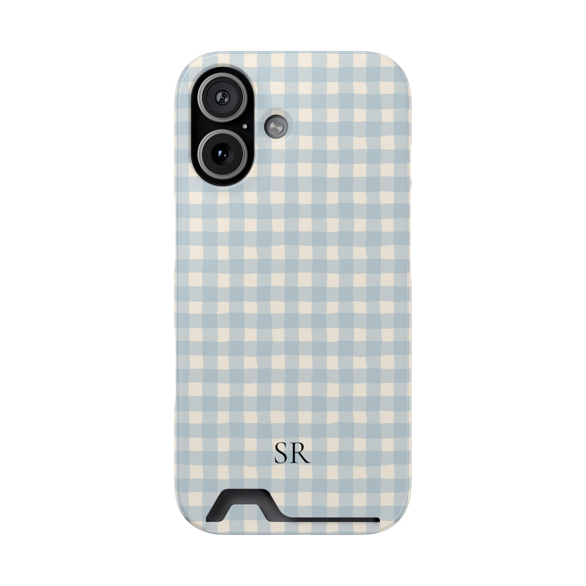 Personalized blue gingham phone case with card holder, side view