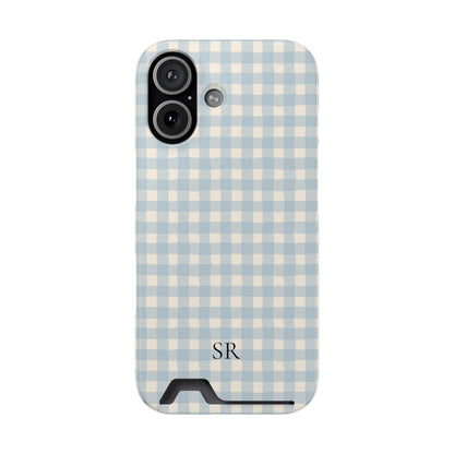 Personalized blue gingham phone case with card holder, side view