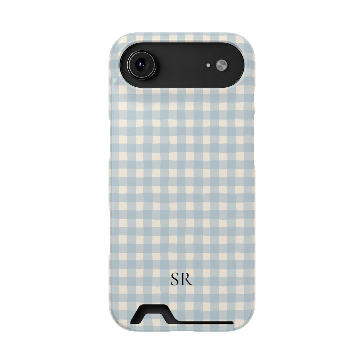 Personalized blue gingham phone case with card holder, alternate view