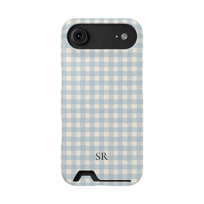 Personalized blue gingham phone case with card holder, alternate view