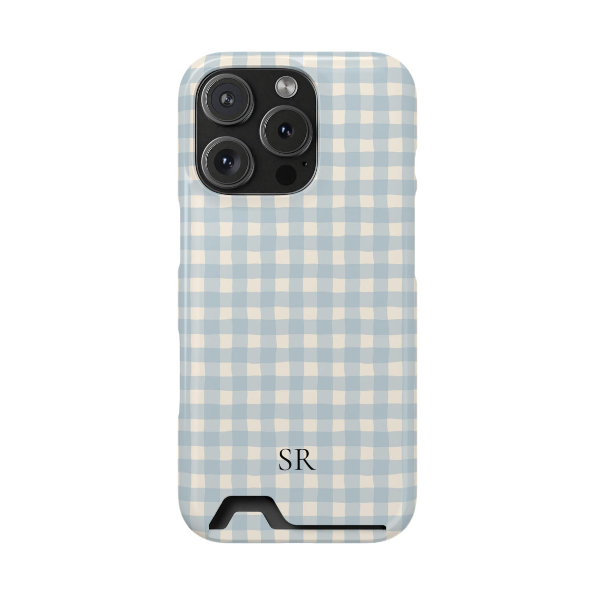 Personalized blue gingham phone case with card holder, detail view