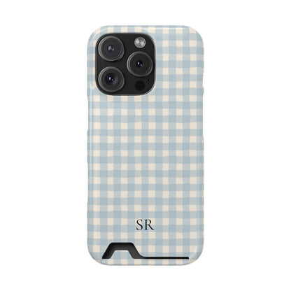 Personalized blue gingham phone case with card holder, detail view