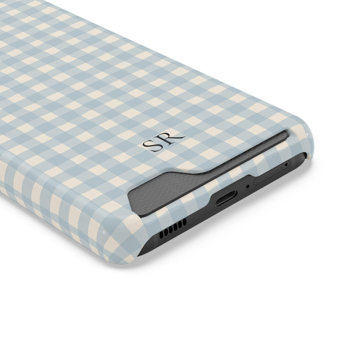Personalized blue gingham phone case with card holder, angled view