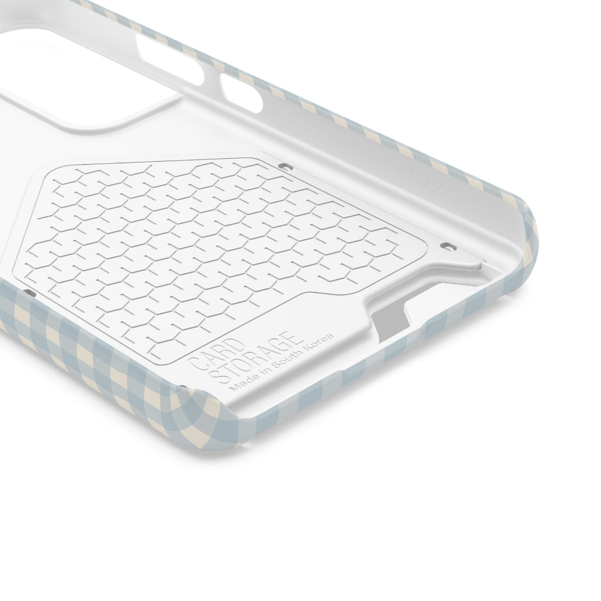 Personalized blue gingham phone case with card holder, lifestyle view