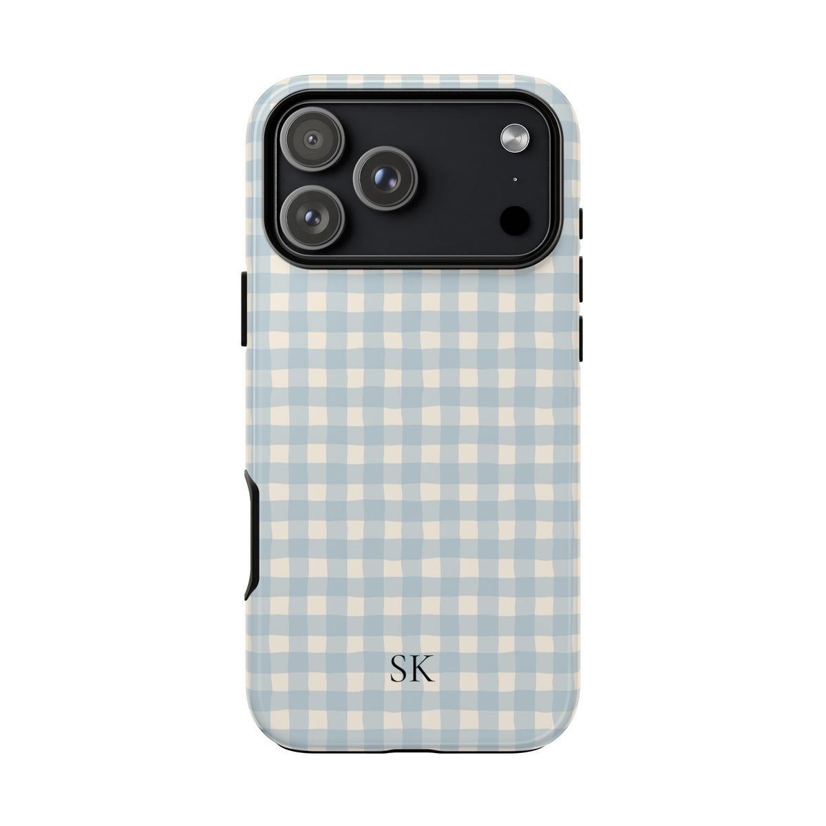 Personalized blue gingham tough phone case with initials, front view