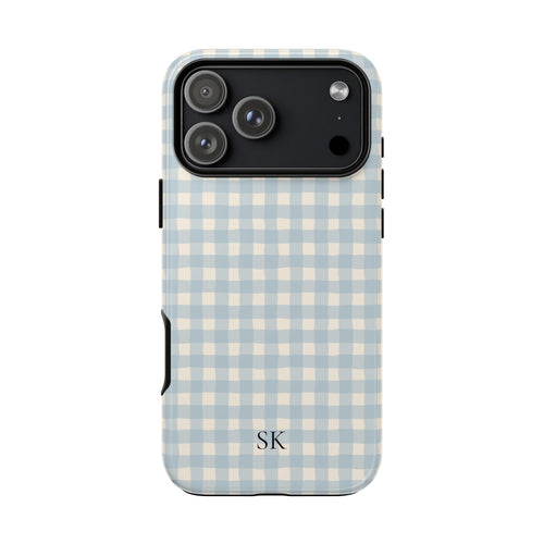 Personalized blue gingham tough phone case with initials, front view