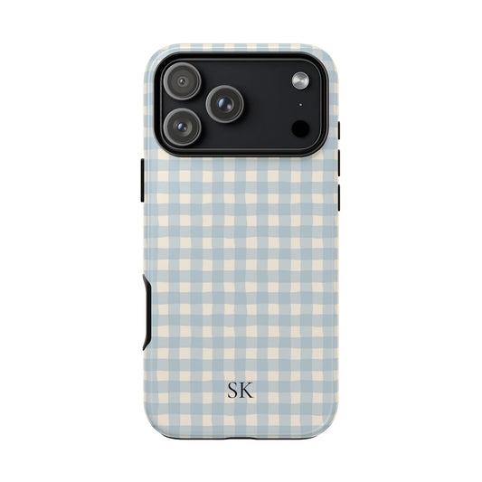 Personalized blue gingham tough phone case with initials, front view