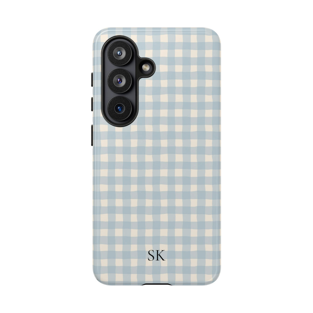 Personalized blue gingham tough phone case, back view