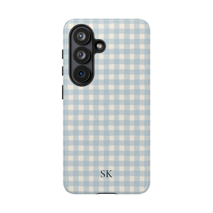 Personalized blue gingham tough phone case, back view