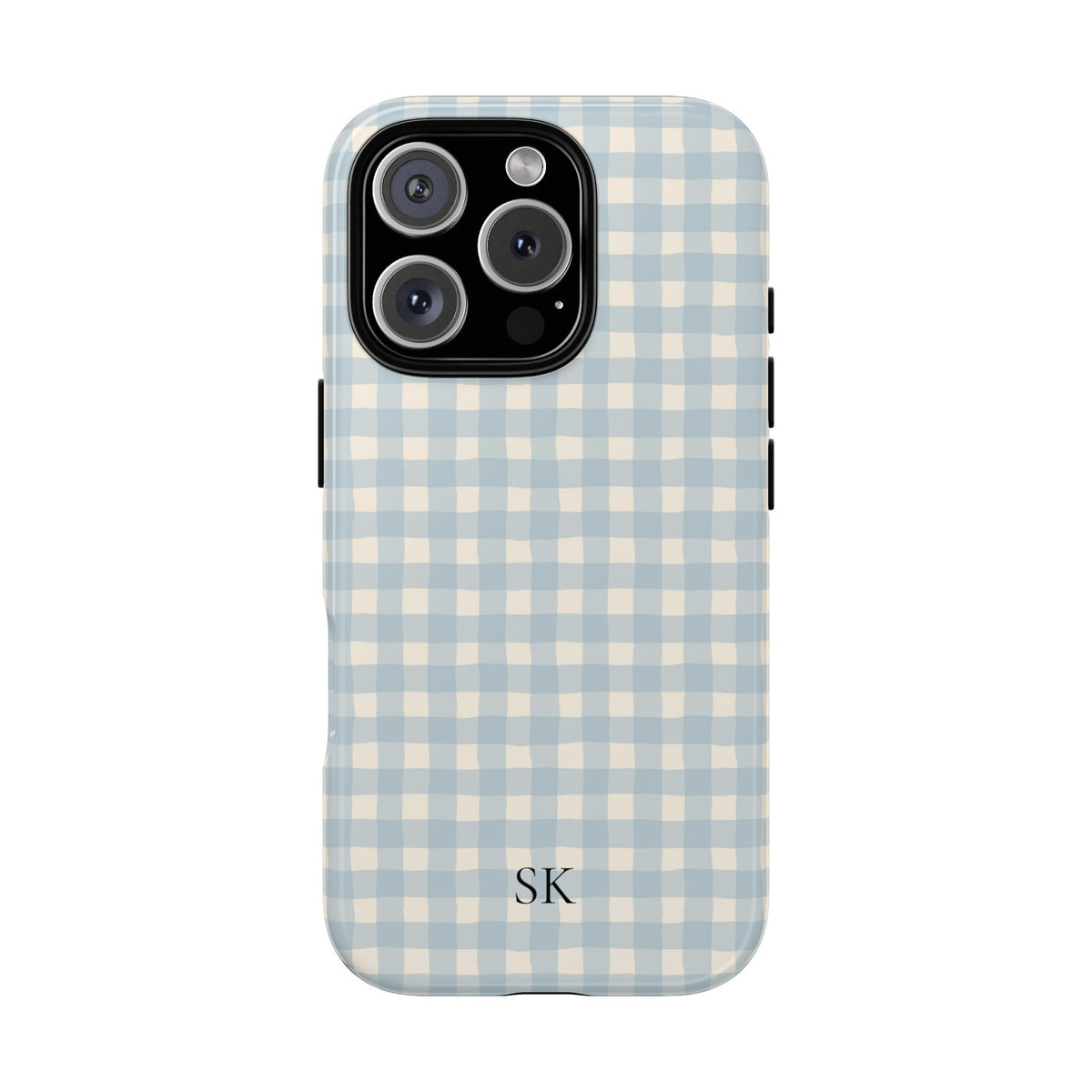 Personalized blue gingham tough phone case, side view
