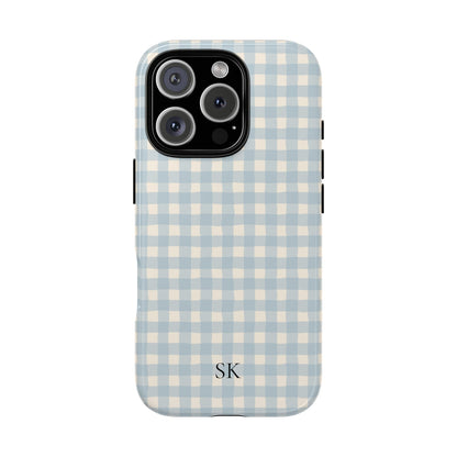 Personalized blue gingham tough phone case, side view