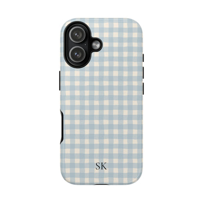 Personalized blue gingham tough phone case, alternate view