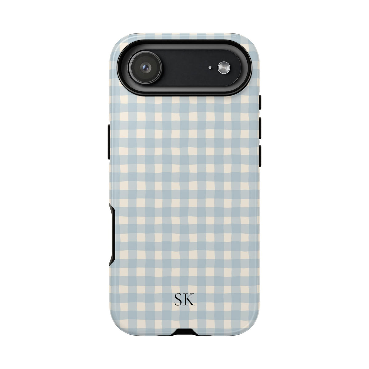 Personalized blue gingham tough phone case, detail view