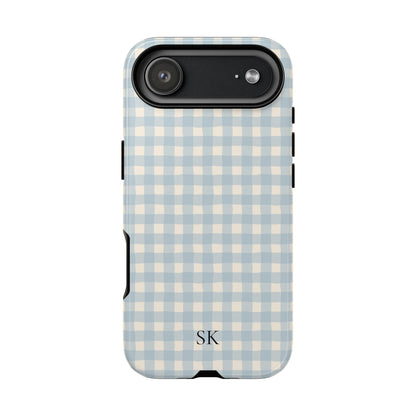 Personalized blue gingham tough phone case, detail view
