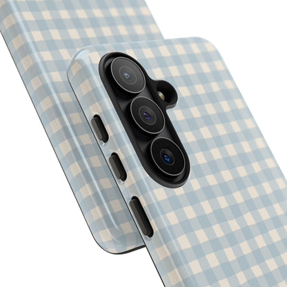 Personalized blue gingham tough phone case, angled view