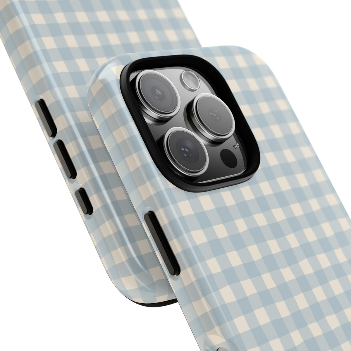 Personalized blue gingham tough phone case, lifestyle view