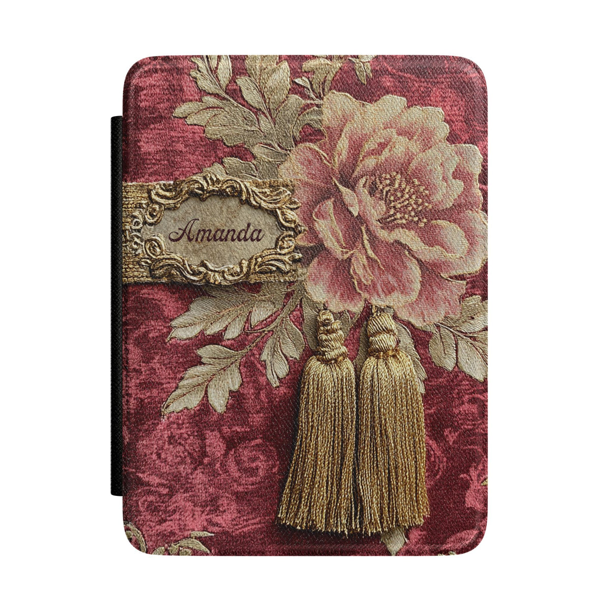 Personalized burgundy peony Kindle case with a name in an ornate frame