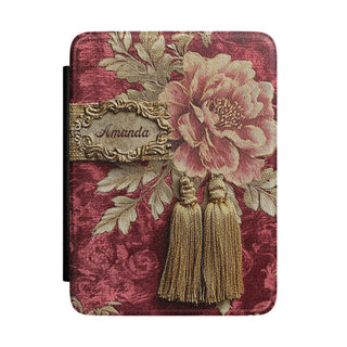 Personalized burgundy peony Kindle case with a name in an ornate frame