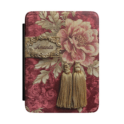 Personalized burgundy peony Kindle case with a name in an ornate frame