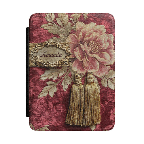 Personalized burgundy peony Kindle case with a name in an ornate frame