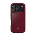 Personalized burgundy striped MagSafe phone case with initials, back view