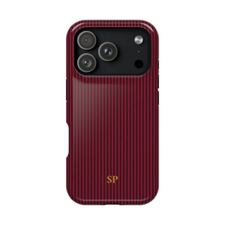 Personalized burgundy striped MagSafe phone case with initials, back view