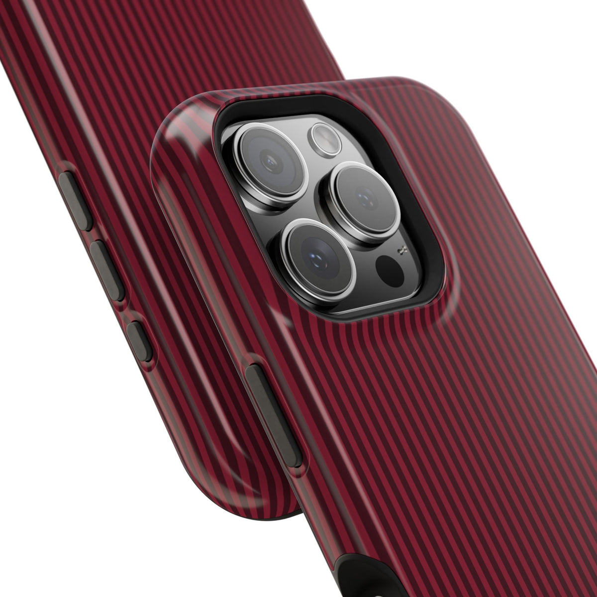 Personalized burgundy striped MagSafe phone case, side view