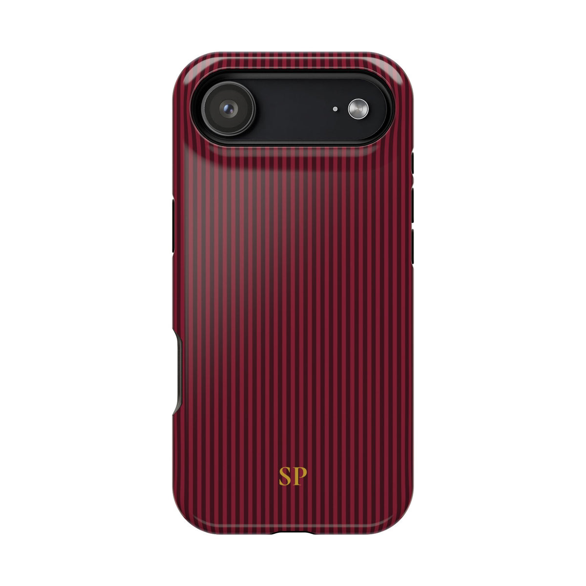 Burgundy pinstripe MagSafe phone case with monogram initials