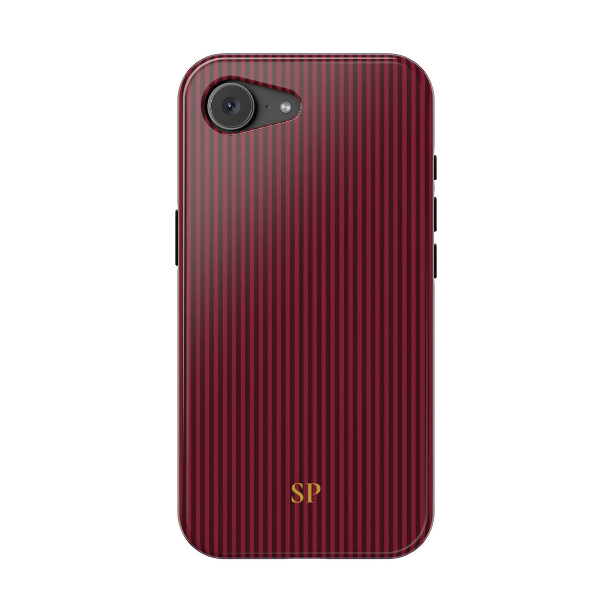 Personalized burgundy striped MagSafe phone case detail