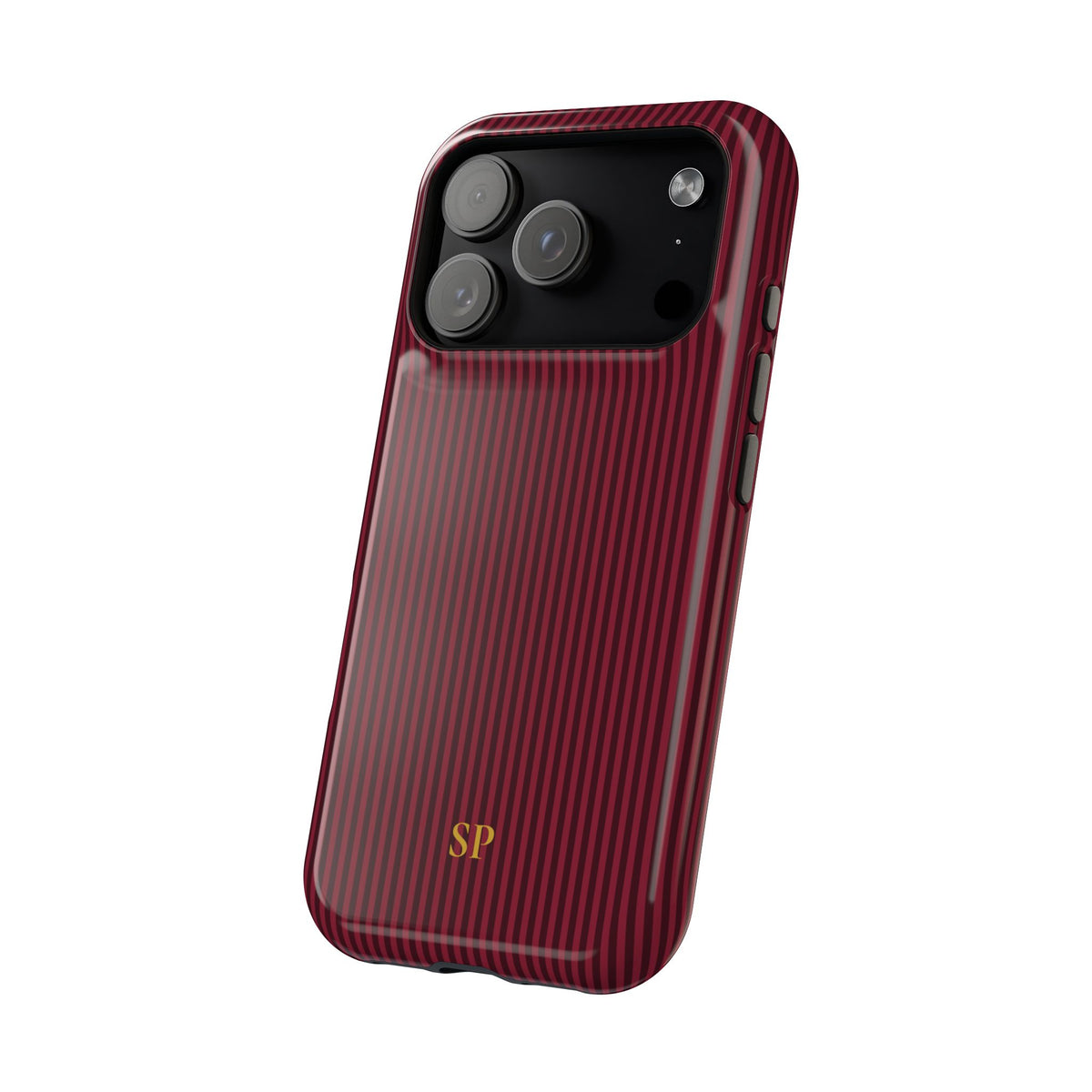 Burgundy striped MagSafe iPhone case with yellow initials