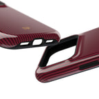 Personalized burgundy striped MagSafe phone case, angled view