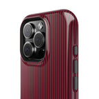 Personalized burgundy striped MagSafe phone case with initials, close-up